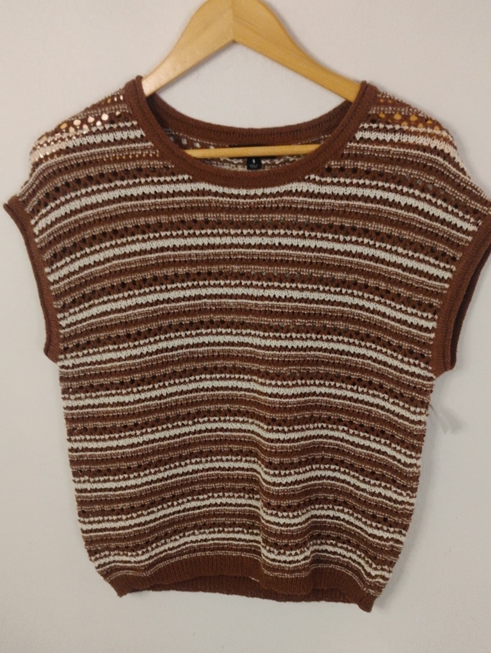 Blu Pepper Brown & Cream Striped Open-Knit Cap Sleeve Top